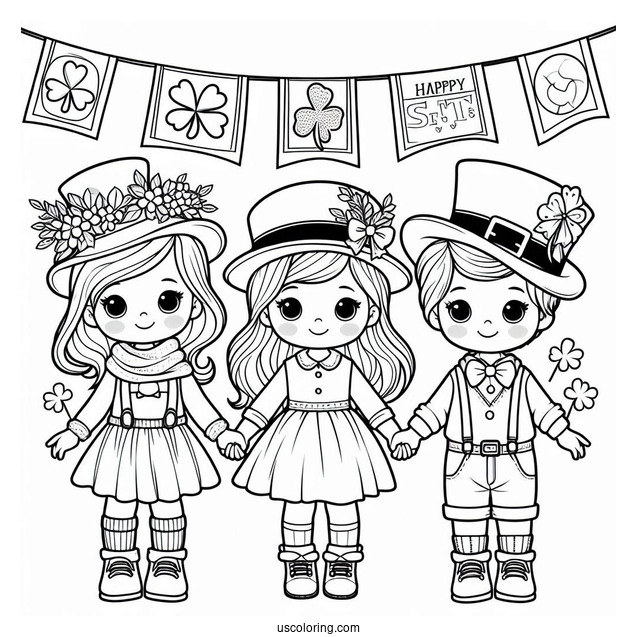 Three Children Holding Up A St. Patrick's Day Coloring Page Banner