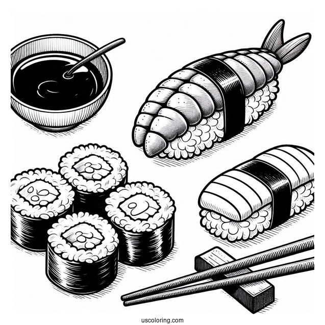 Uramaki, Nigiri, And Temari Sushi Coloring Pages With Chopsticks And Soy Sauce