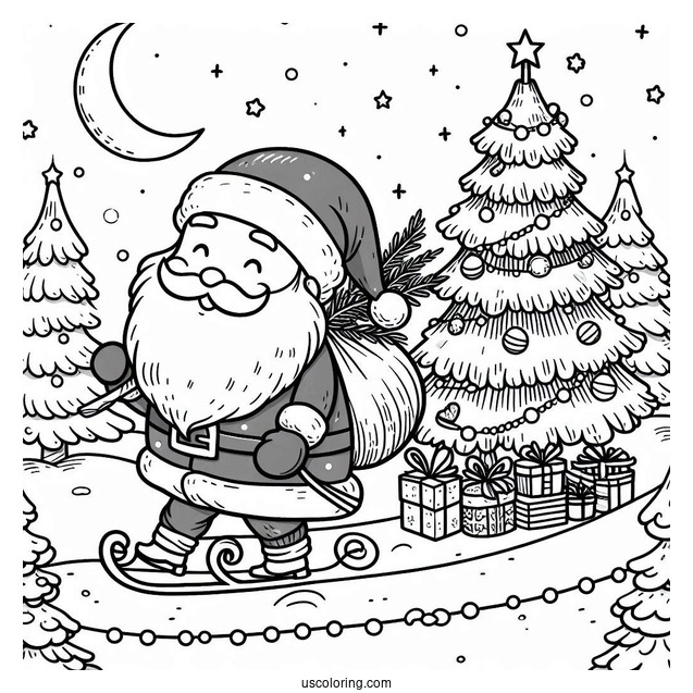 Santa Claus Hauling a Christmas Tree In The Snow