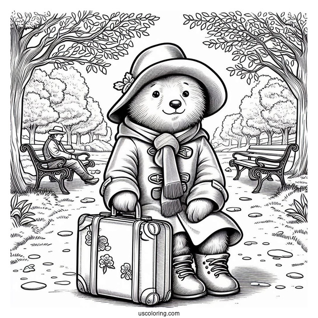 Simple Paddington Coloring Page Sitting On His Suitcase In The Park For Preschoolers