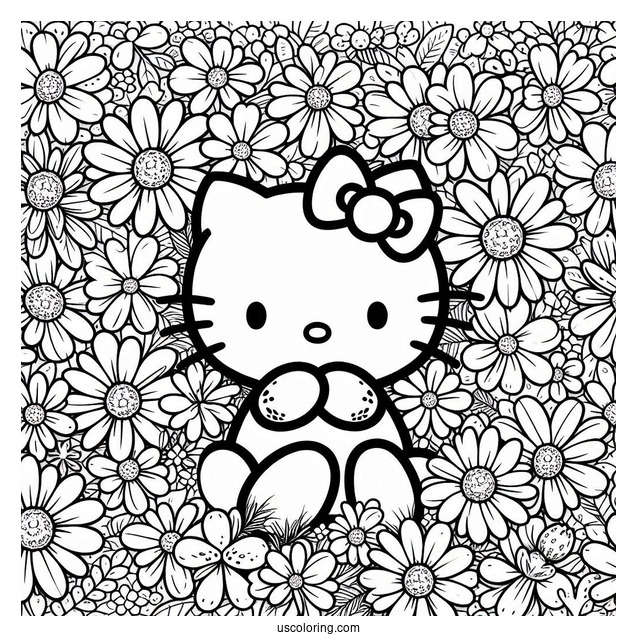 Simple Hello Kitty Surrounded By Daisies Coloring Page For Kids