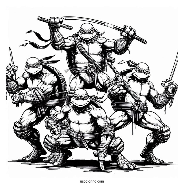 Ninja Turtles Coloring Page Of Leonardo, Donatello, Michelangelo, And Raphael In Fighting Mode