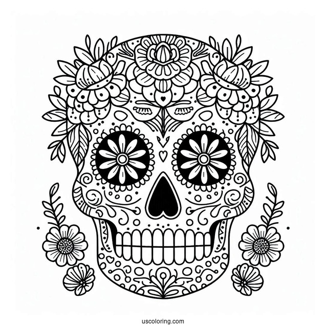 Sugar Skulls Coloring Page With Floral Patterns For Preschoolers
