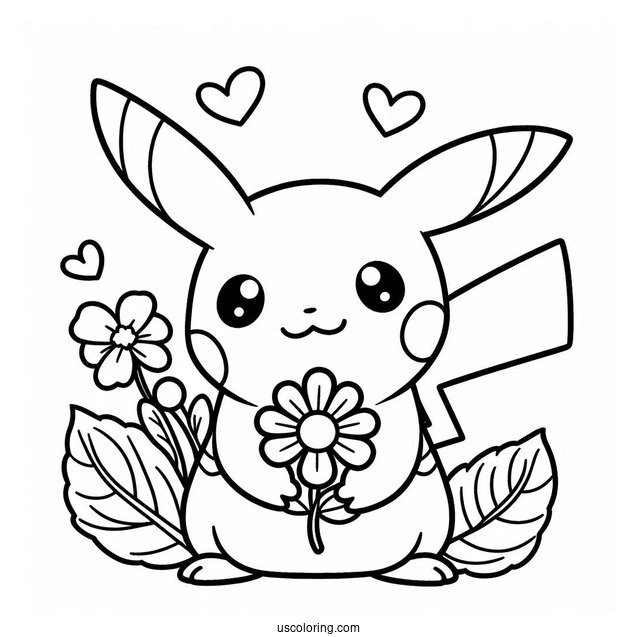 Easy PIkachu Holding A Flower In Spring Coloring Sheet For Kids