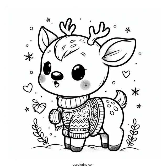 Baby Reindeer Wearing a Christmas Sweater To Color