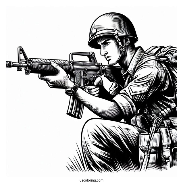 Soldier Coloring Page With Rifle Getting Ready To Shoot