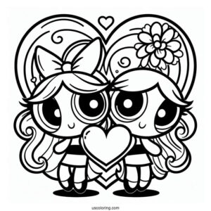 Powerpuff Girls In Love Heart Coloring Sheet