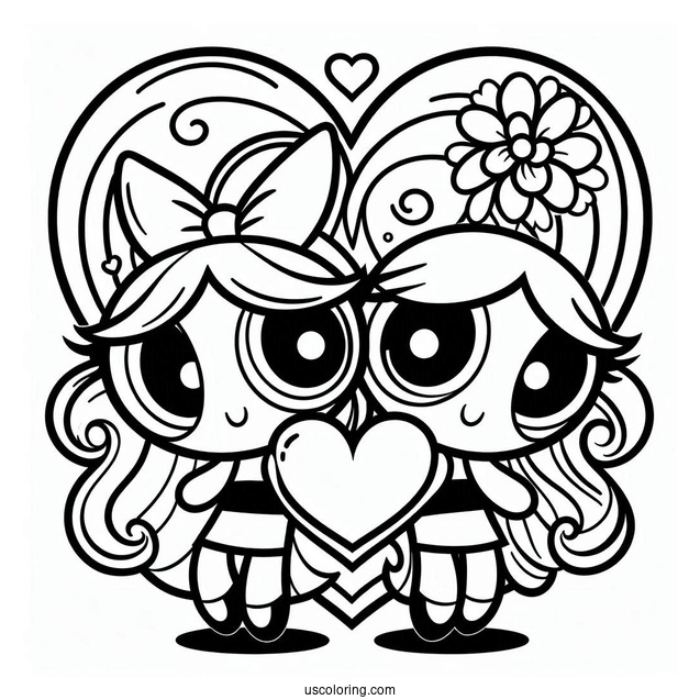Powerpuff Girls In Love Heart Coloring Sheet