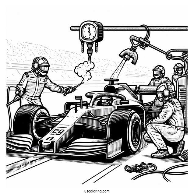 F1 Coloring Page Pit Stop Crew Servicing Race Car