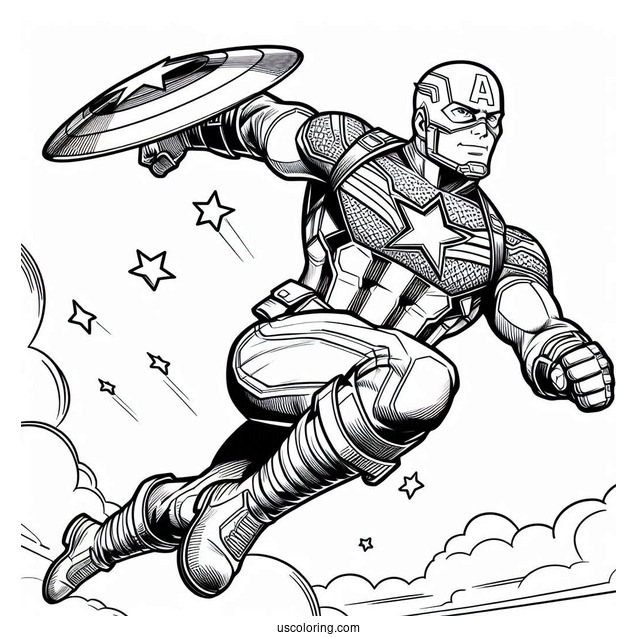 Captain America Leaping Through The Air To Color