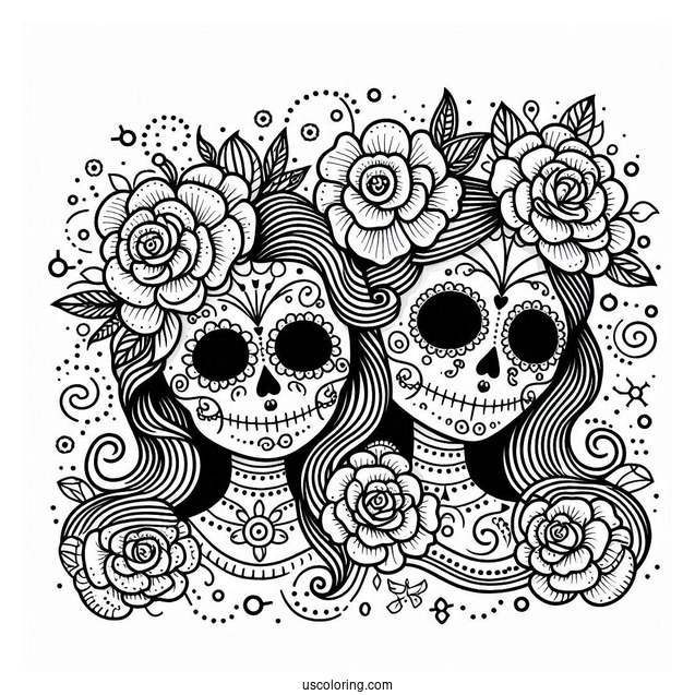 Two Simple Sugar Skulls Coloring Page For Kids