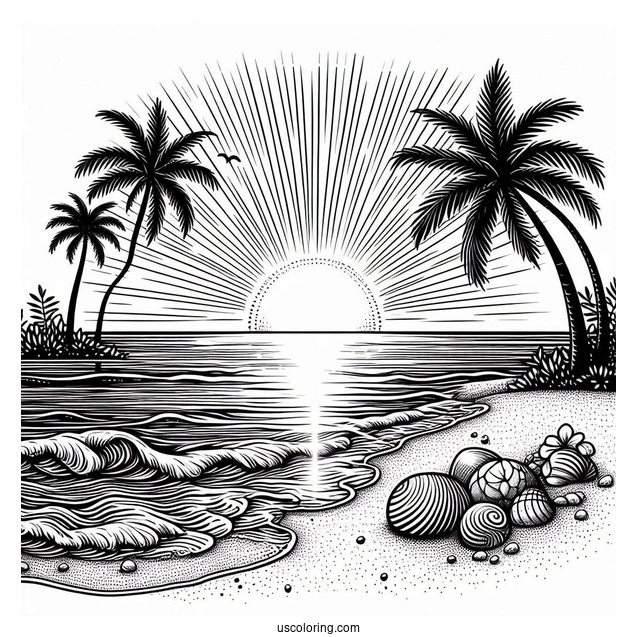 Sun Rising On The Horizon At The Beach Coloring Page
