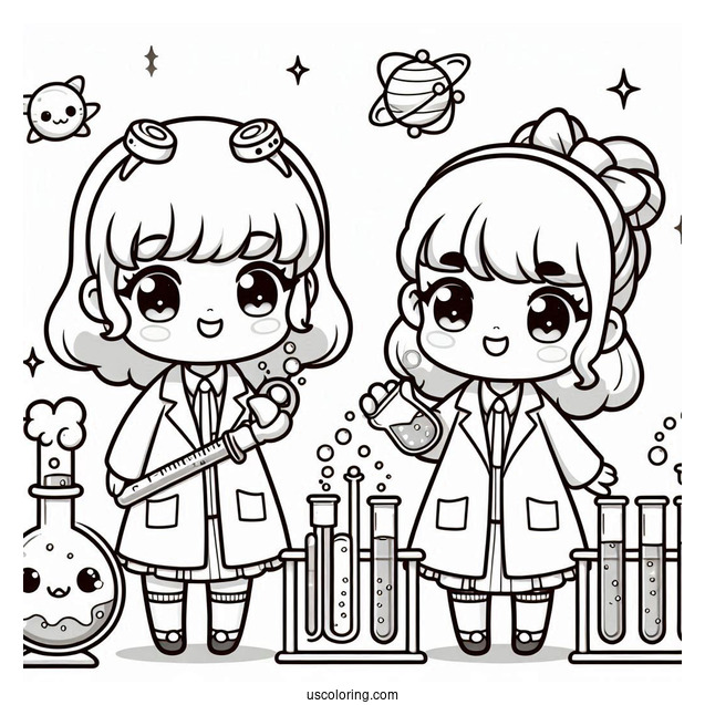 Science Coloring Page Of Kawaii Scientists Performing Lab Experiments For Kids