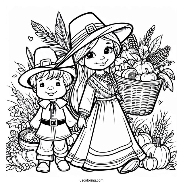 Girl Native American And Boy Pilgrim Coloring Page Carrying Harvest