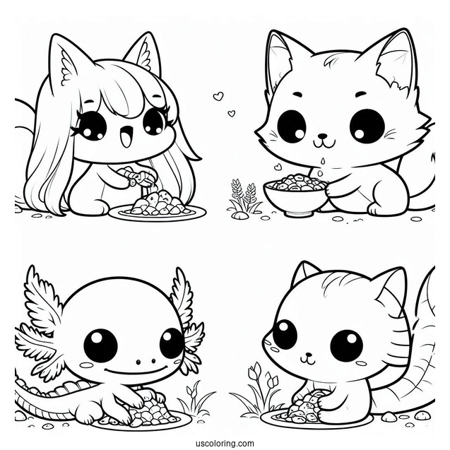 Kawaii Fox, Bird, Axolotl, And Cat Eating Together
