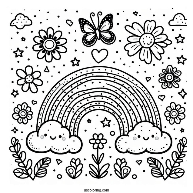Kawaii Polka Dot Rainbow Coloring Page With Clouds, Flowers, And Butterflies For Kids