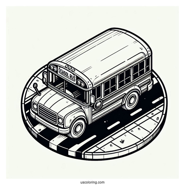 Top View Of Small School Bus Coloring Page On The Road