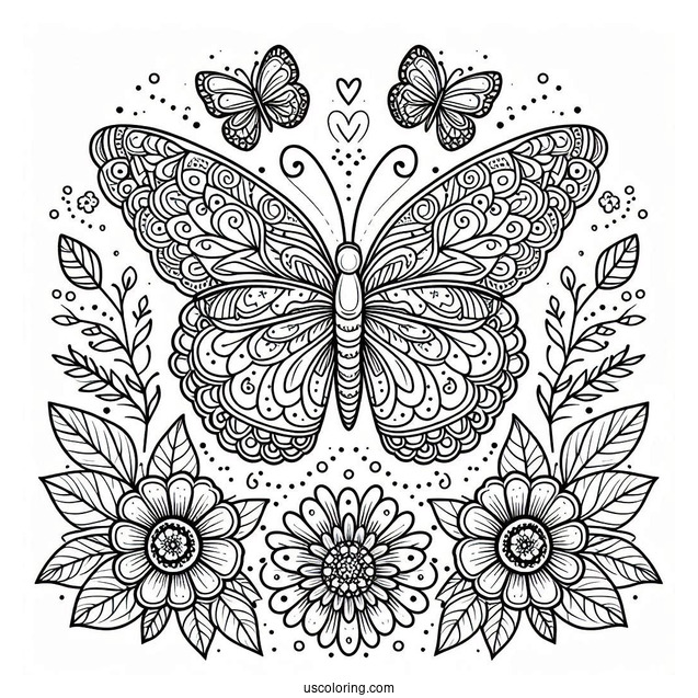 Grand Butterfly Coloring Page Mandala With Flowers And Leaves