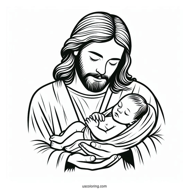Jesus Coloring Page Cradling A Newborn Baby For Kids