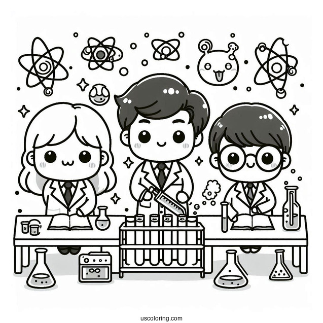 Science Coloring Page Of Kawaii Scientists Performing Lab Experiments For Kids