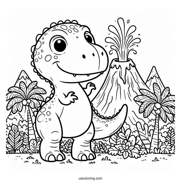 Cartoon T-Rex With Volcano Coloring Page