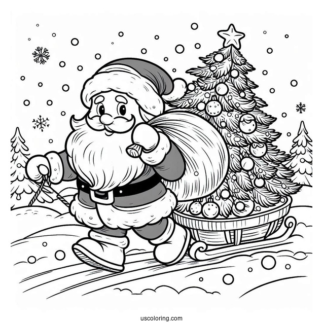 Santa Claus Hauling a Christmas Tree In The Snow