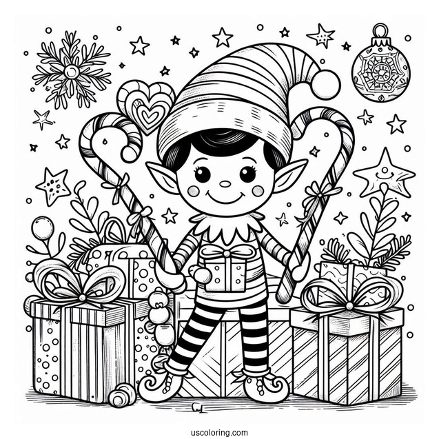 Elf On The Shelf With Candy Canes And Presents
