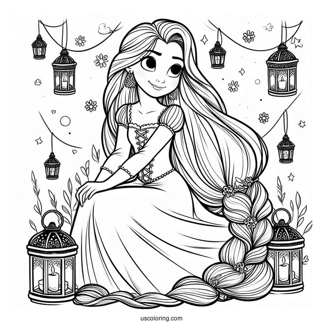 Tangled Princess Coloring Page Of Rapunzel With Lanterns In Background