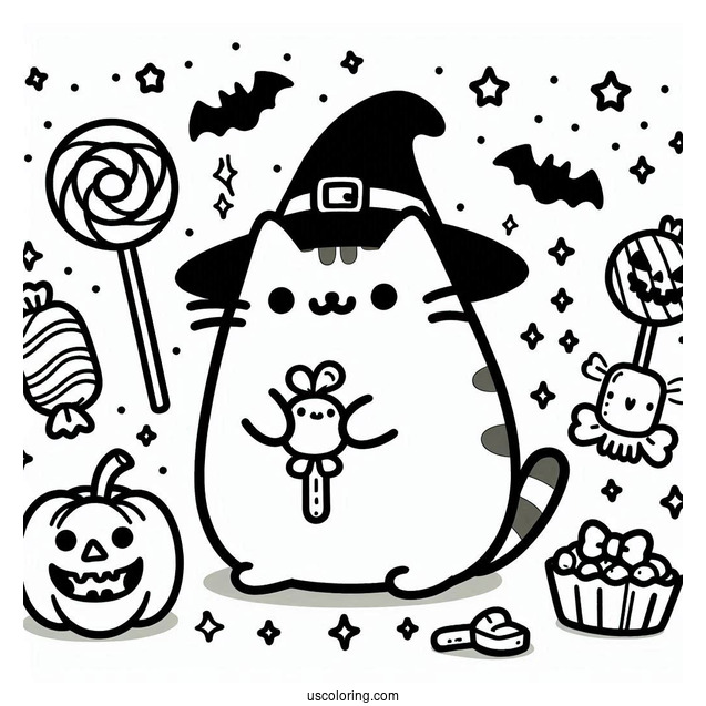 Pusheen With Halloween Candy Coloring Sheet