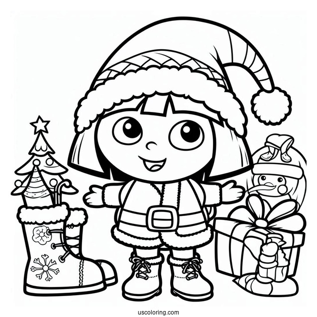 Dora With Boots And Santa Coloring Sheet