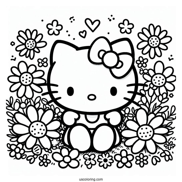 Simple Hello Kitty Surrounded By Daisies Coloring Page For Kids