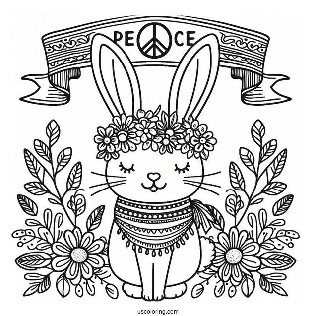 Hippie Rabbit Coloring Page With Peace Banner On Top