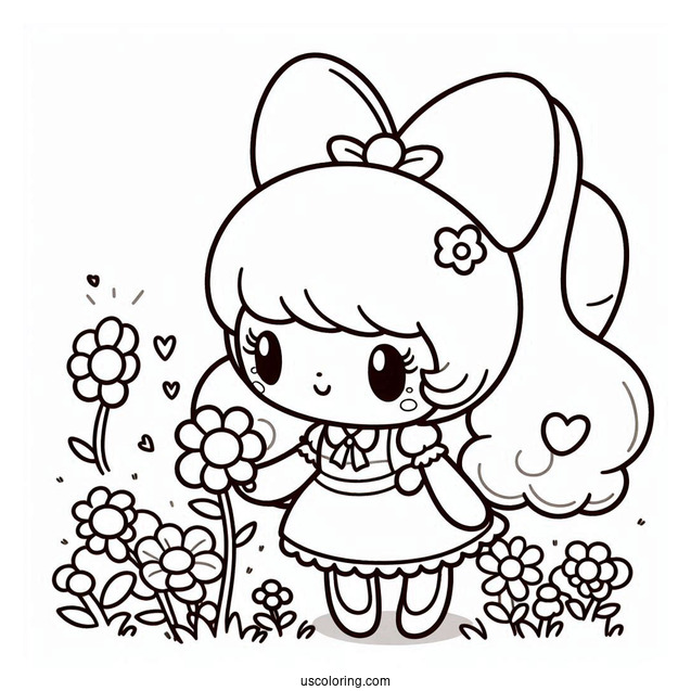 Kawaii My Melody Coloring Page Picking Flowers