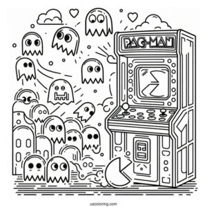 Pac-Man Coloring Page And Ghosts Leaping Out Of Arcade Machine