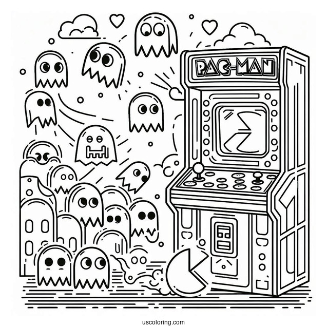 Pac-Man Coloring Page And Ghosts Leaping Out Of Arcade Machine