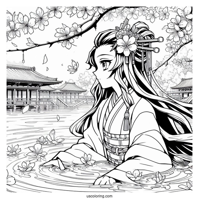 Tanjiro Coloring Page With Nezuko Kamado Surrounded By Water And Cherry Blossoms