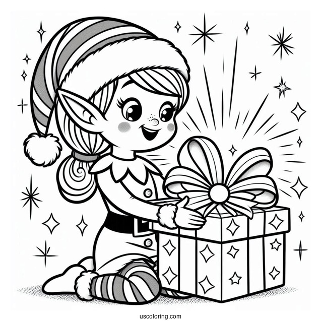 Coloring Page Of Elf Opening Present