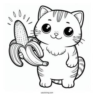 Tabby Cat Holding Up A Banana Coloring Page For Kids