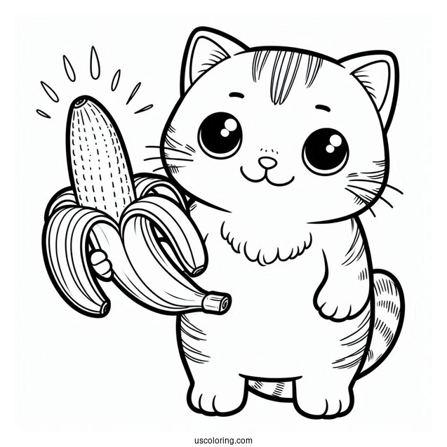 Tabby Cat Holding Up A Banana Coloring Page For Kids