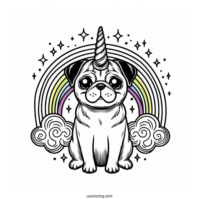 Magical Pug Coloring Page with Unicorn Horn and Rainbow Background