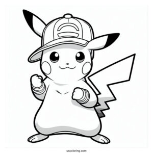 Pikachu Wearing Cap On Fighting Stance Coloring In
