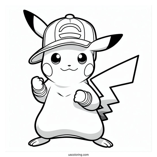 Pikachu Wearing Cap On Fighting Stance Coloring In