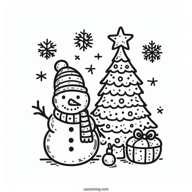 Snowman And Christmas Tree To Color