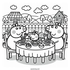Peppa Pig Family Eating Dinner At Table Coloring