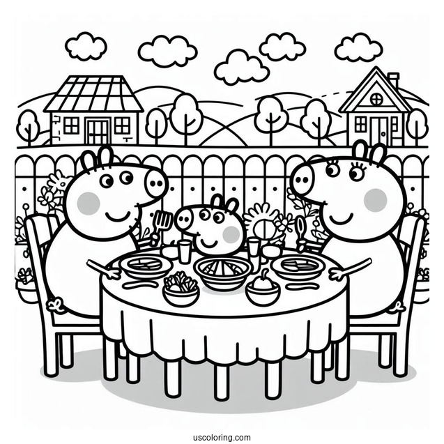 Peppa Pig Family Eating Dinner At Table Coloring