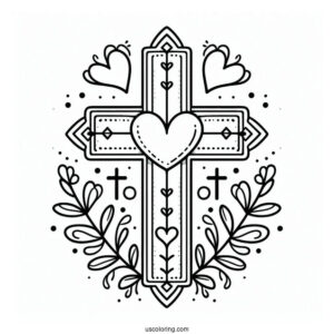 Cross Coloring Page With Love Heart For Preschoolers