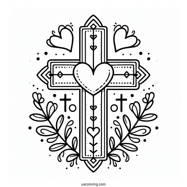 Cross Coloring Page With Love Heart For Preschoolers