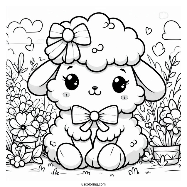Kawaii Sheep With A Bow Sitting In The Middle Of A Garden In Spring