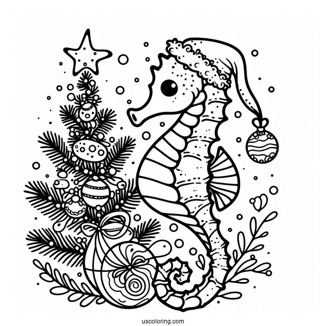 Christmas Themed Seahorse To Color