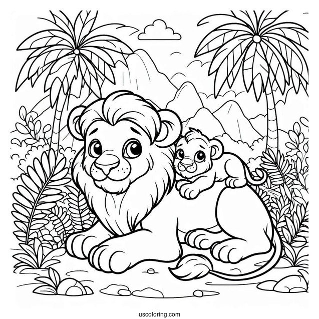 Lion With Two Cubs Playing In Jungle Coloring Page For Kids